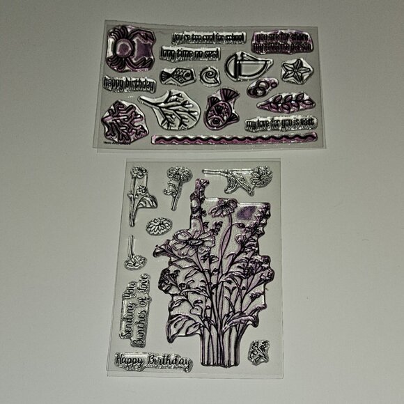 2 Clear Stamps Lot Sea Ocean Fish Crab Flowers Plants Happy Birthday - Picture 1 of 6